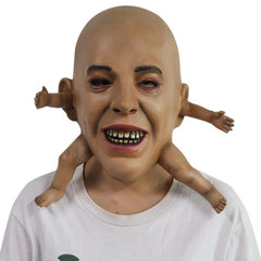 -Unique over-the-head latex mask with baby arms and legs protruding from the face. Free shipping from abroad. Typically arrives in 2-3 weeks to the USA Creepy strange weird bizarre conjoined absorbed parasitic unusual cronenberg body horror infant twins funny costume cosplay halloween babydoll harajuku kowai disturbing-