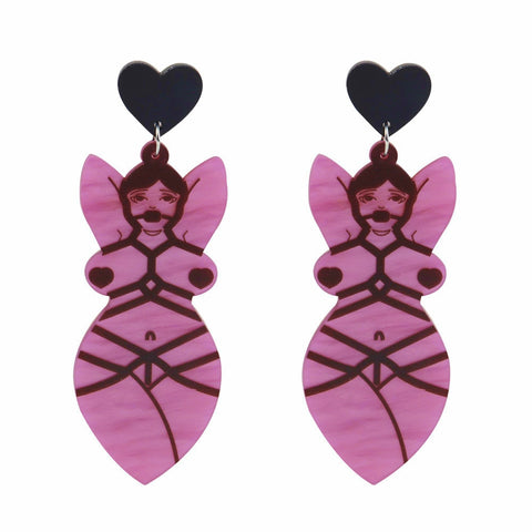 -A pair of kinky acrylic dangle earrings of a bound, nude full figured woman with heart pasties and ball gag. Free shipping.

unique adult mature kink bdsm sexy retro kitsch goth gothic punk nude edgy provocative fashion sexual s&m sado masochism sadist masochist sub girl subbie subby dom dominant erotic art-
