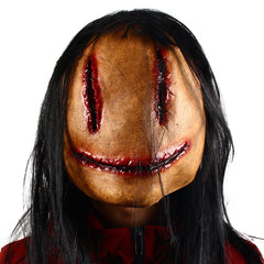 -Quality latex over-the-head mask with attached hair. One size fits most. Free shipping from abroad with average delivery to the US in about 2-3 weeks. Creepy scary disturbing gruesome sliced mouth eyes Halloween horror character mask costume cosplay creature fancy dress-