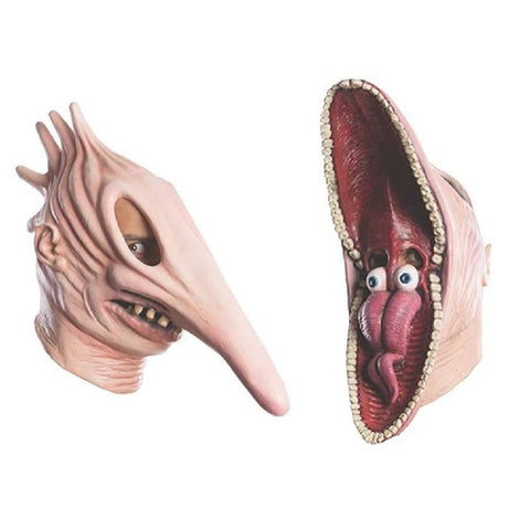 -Soft and flexible latex rubber over-the-head masks. One size fits most. Free shipping from abroad. These typically arrive in 2-3 weeks to the USA.

Creepy weird disturbing 80s 1980s eighties horror comedy tim burton fantastical surreal spoopy halloween costume masks long nose couples costumes-