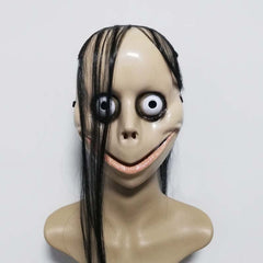-Quality vacuform mask with attached hair and elastic strap. One size fits most. Free shipping from abroad. Typically arrives to the US in about 2-3 weeks. Funny creepy weird momo challenge viral meme social media joke prank halloween costume cosplay mask disturbing spoopy gag vacuum formed inexpensive-