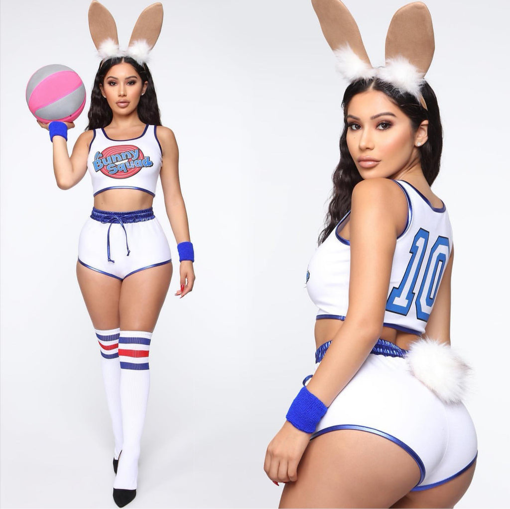 -Brand new, high quality women's polyester basketball uniform with attached bunny tail, optional wrist wraps and socks. See size chart below. Free shipping.

Looney rabbit movie cosplay sexy halloween costume tank shorts wristwraps/bracers socks 2021 toon basketball team jersey outfit-Full Set-L-