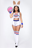-Brand new, high quality women's polyester basketball uniform with attached bunny tail, optional wrist wraps and socks. See size chart below. Free shipping.

Looney rabbit movie cosplay sexy halloween costume tank shorts wristwraps/bracers socks 2021 toon basketball team jersey outfit-