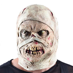 -The reanimated corpse of an unfortunate hospital patient with head bandages still in place. High quality latex over-the-head mask. One size fits most. Free shipping from abroad. Decaying decrepit medical patient zombie mummy bandaged head halloween costume cosplay asylum hospital haunted house larp-