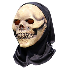 -Natural latex skeletal face mask with attached black fabric shroud. One size fits most. Free shipping from abroad with average delivery to the USA in 2-3 weeks. Funny smiley skull skeletor halloween mask costume cosplay death grim reaper party fancy dress happy haunts spoopy skeletons motu hooded hood -