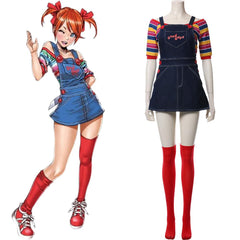 -Unique gender-swapped bishoujo style women's cosplay costume inspired by Chucky from the Child's Play series of horror films.Jean skirt dark denim overalls with Good Guys printed across the front and red buttons, striped knit shirt with three quarter sleeves and long red over-the-knee socks. Free Shipping. Halloween-S-