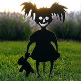 -Creepy cute horror kids silhouette sculptures. Strong, durable metal. Weatherproof, anti-corrosion black powder coating. Fun outdoor Halloween, horror fan or gothic home and garden decorations. Free shipping.

yard decor zombie girl with doll or chainsaw pumpkin head & skull boy w/hellhound trick or treat lawn ornament-Zombie Girl Holding Doll-