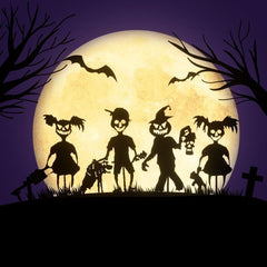 -Creepy cute horror kids silhouette sculptures. Strong, durable metal. Weatherproof, anti-corrosion black powder coating. Fun outdoor Halloween, horror fan or gothic home and garden decorations. Free shipping. yard decor zombie girl with doll or chainsaw pumpkin head & skull boy w/hellhound trick or treat lawn ornament-
