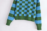 -Colorful women's polyester knitted sweater in blue and green with large toadstool on front, checkerboard pattern on the reverse . See size chart. Free shipping.

Mushroom unique playful fun cute kawaii boho bohemian alternative girl juniors unusual fungi retro vintage style pullover jumper sweatshirt quirky whimsical -