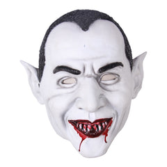 -Quality, classic horror movie white-faced 'dracula' style latex over-the-head vampire mask. One size fits most. Free shipping. Black and white with red blood around mouth and fangs retro vintage old school old time silent film b-movie vampire halloween costume barackula horror scary spoopy cosplay mask-