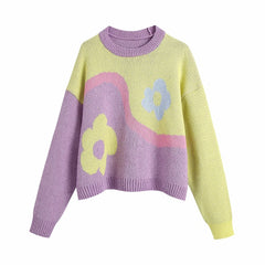 -Colorful women's/unisex polyester knitted sweater in split yellow and purple colorblock with contrasting flowers. Free shipping. Retro vintage style swerve color block cropped knit high quality fall winter fashion floral jumper top womens juniors 90s kids 1990s nineties trendy popular pastel playful fun harajuku -L-Purple and Yellow-