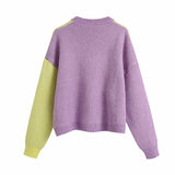 -Colorful women's/unisex polyester knitted sweater in split yellow and purple colorblock with contrasting flowers. Free shipping.

Retro vintage style swerve color block cropped knit high quality fall winter fashion floral jumper top womens juniors 90s kids 1990s nineties trendy popular pastel playful fun harajuku -
