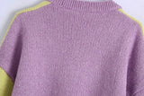 -Colorful women's/unisex polyester knitted sweater in split yellow and purple colorblock with contrasting flowers. Free shipping.

Retro vintage style swerve color block cropped knit high quality fall winter fashion floral jumper top womens juniors 90s kids 1990s nineties trendy popular pastel playful fun harajuku -