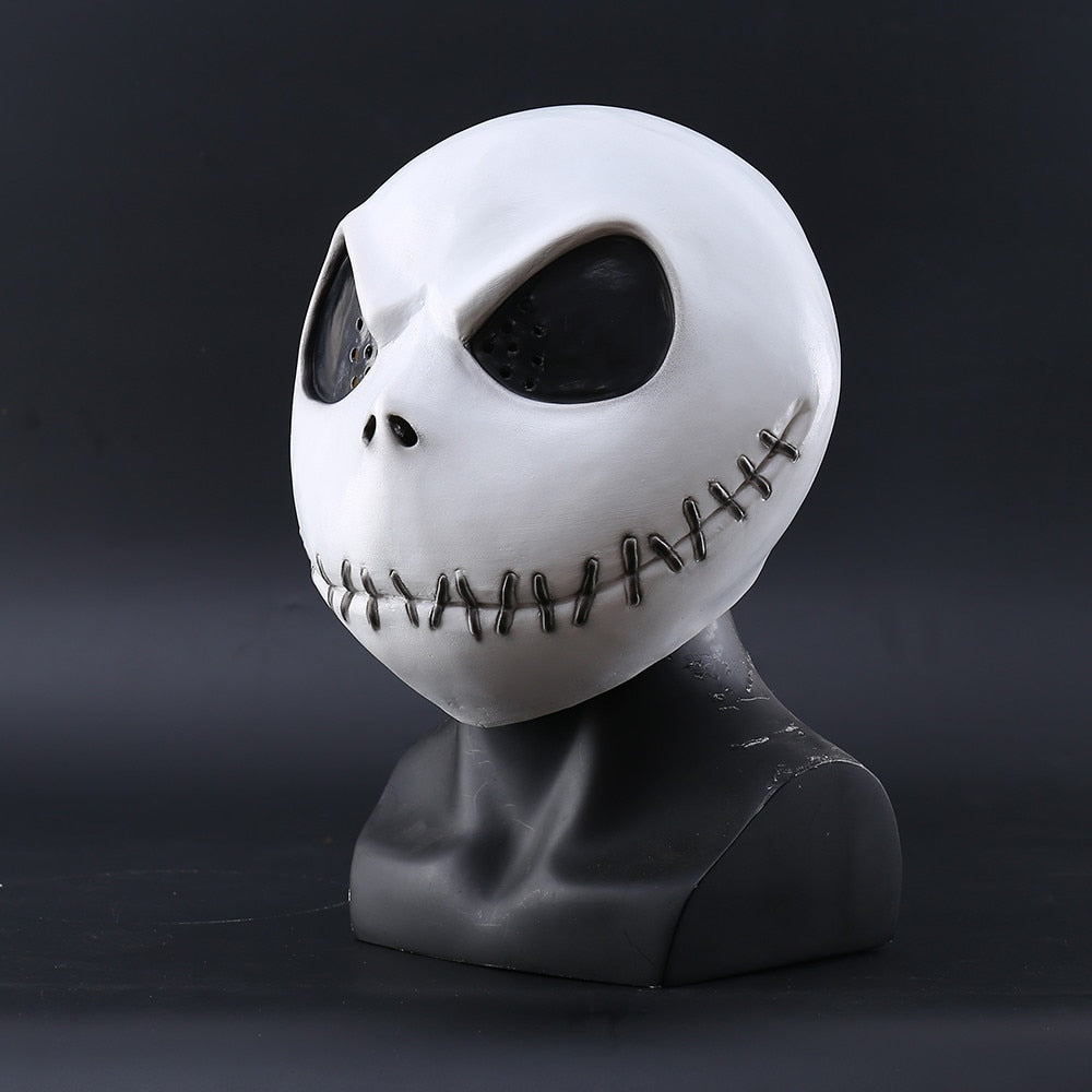 -High quality latex over-the-head Jack Skellington mask. One size fits most teens and adults. Free shipping from abroad with average delivery to the US in 2-3 weeks.

This is halloween pumpkin king skeleton jack mask NBX NBC costume round latex rubber tim burton classic animation spoopy-