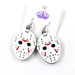 -Classic horror hockey mask drop / dangle earrings in acrylic. Each measures about 35x27mm on stainless steel ear wires. Free shipping from abroad with average delivery to the USA in 2-3 weeks. High quality jason 13th halloween friday movie mask goth gothic jewelry earrings fashion accessory-