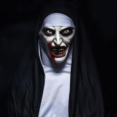 -High quality soft latex over-the-head mask with attached fabric scapular and cowl. One size fits most. Free shipping. Halloween costume conjuring satan horror cosplay terrifying scary catholic christian religious sacrilegious demonic frightening universe murderous horrifying evil habit nun movie series possessed -