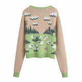 Sheepsfield Knitted Cardigan Sweater-Soft and comfortable knit polyester, button down cardigan sweater with cute sheep in field design. See size chart in images. Free shipping. Cute sweet kawaii jumper womens juniors top sheep sheepie ewe field adorable trendy ladies fall winter fashion retro vintage -