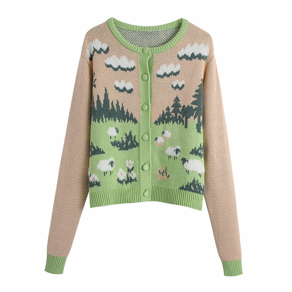 Sheepsfield Knitted Cardigan Sweater-Soft and comfortable knit polyester, button down cardigan sweater with cute sheep in field design. See size chart in images. Free shipping.

Cute sweet kawaii jumper womens juniors top sheep sheepie ewe field adorable trendy ladies fall winter fashion retro vintage 
-L-Multi-