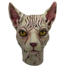 -Quality latex over-the-head Sphynx hairless cat breed mask. One size fits most. Free shipping. All profits from sales of this mask will inevitably go to meet the continual demands of our very own Ichabod Spinx! Funny unique wrinkly kitty un-furry weird halloween costume animal cosplay mask creepy cat overhead -