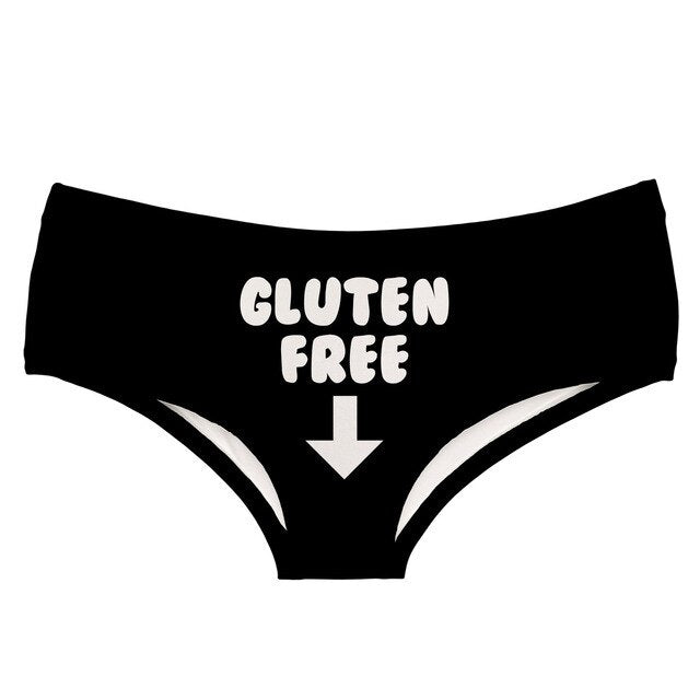 -Comfortable, women's black low-rise briefs with playfully sexy Gluten Free printed on the front with an arrow pointing down... because, after all, it's an important part of ANY vagitarian diet! Lightweight and breathable, 92% polyester/8% spandex.Free shipping. 

Funny naughty oral sex joke parody underwear lingerie -Black-L-