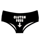 -Comfortable, women's black low-rise briefs with playfully sexy Gluten Free printed on the front with an arrow pointing down... because, after all, it's an important part of ANY vagitarian diet! Lightweight and breathable, 92% polyester/8% spandex.Free shipping. Funny naughty oral sex joke parody underwear lingerie -Black-L-