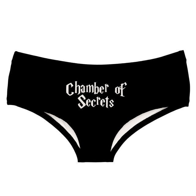-The perfect panties for a naughty sex wizard! Comfortable, women's black low-rise briefs with Chamber of Secrets printed on the front. Lightweight and breathable, 92% polyester/8% spandex.Free Shipping.

Funny womens girls dirty potter parody sexy cosplay fangirl joke lingerie gift for her stretch butt peach hip panty-Black-L-