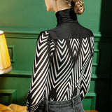 -A unique black and white chevron striped women's long sleeve fashion turtleneck top. High quality polyester and nylon. See size charts. Free shipping.

Unique black and white zebra stipe nu goth gothic new wave rave punk winter fall autumn 2021 designer fashion longsleeve shirt womens juniors -