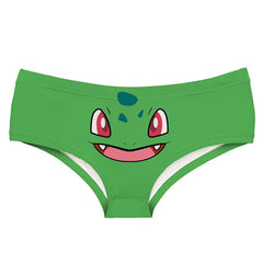 -Comfortable, women's midrise-rise briefs with kawaii printed anime face design. Lightweight and breathable, 95% polyester / 5% spandex. Free shipping. Funny cute kawaii bulbasaur pokemon face womens juniors geeky girls underwear anime lingerie cartoon dinosaur pocket monster panties gift-Green-M-