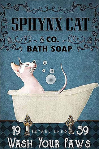 -Metal sign with quality printing, folded edges, rounded corners and 4 holes for hanging. Available in 2 sizes: 20x30cm / 7.9x11.8in or 30x40cm / 11.8 x 15.75. Free shipping.

Sphynx Canadian hairless cat bathroom decor bath bathing cat kitty wash your hands hand washing funny cute retro vintage style-