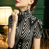 -A unique black and white chevron striped women's long sleeve fashion turtleneck top. High quality polyester and nylon. See size charts. Free shipping. Unique black and white zebra stipe nu goth gothic new wave rave punk winter fall autumn 2021 designer fashion shirt womens juniors y2k retro vintage 90s style clubwear-