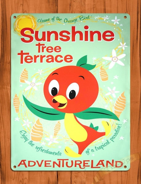 -Metal sign with quality printing, folded edges, rounded corners and 4 holes for hanging. Measures roughly 20x30cm / 7.9x11.8in. Free shipping from abroad with average delivery to the US in 2-3 weeks.

Retro vintage disney world magic kingdom theme parks orange bird adventureland florida citrus rare wall art WDW gift-
