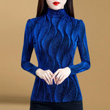 -Blue women's long sleeve blouse with a unique wave-like pattern. High quality polyester, cotton and bamboo blend. Free shipping from abroad with average delivery in 2-4 weeks. These are a slim fit and run quite small. 
beautiful womens juniors fall autumn winter longsleeve wavy ruffle knit top shirt slimming -M-Blue-Velvet Lined-