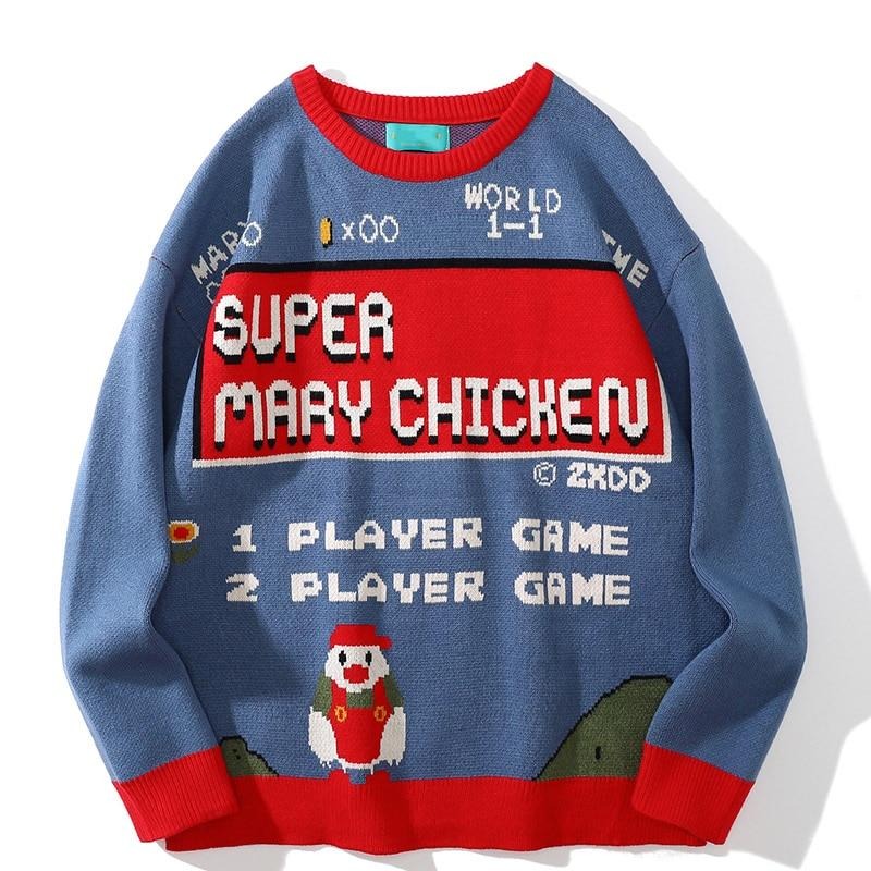 -Unique, soft and comfortable unisex knit pullover sweater. See size chart. Free shipping from abroad.

Bizarre wtf alternate reality retro vintage videogame parody harajuku Japanese streetwear videogame jumper super mary weird mario chicken parody 8bit 16bit gamer gaming fried chicken mens womens sweater-Blue-M-