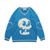 -Black Air unisex knit pullover sweater with large kawaii skull on the front and large heart outlines on the elbows. High quality knitted cotton polyester blend. See size chart. Free shipping from abroad. 
Harajuku Japanese streetwear jumper goth gothic punk cute cartoon skull kowai oversized sweater dress mens womens-Sky Blue-M-