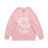 -Black Air unisex knit pullover sweater with large kawaii skull on the front and large heart outlines on the elbows. High quality knitted cotton polyester blend. See size chart. Free shipping from abroad. 
Harajuku Japanese streetwear jumper goth gothic punk cute cartoon skull kowai oversized sweater dress mens womens-Pink-M-