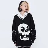 -Black Air unisex knit pullover sweater with large kawaii skull on the front and large heart outlines on the elbows. High quality knitted cotton polyester blend. See size chart. Free shipping from abroad. 
Harajuku Japanese streetwear jumper goth gothic punk cute cartoon skull kowai oversized sweater dress mens womens-Black-M-