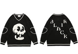 -Black Air unisex knit pullover sweater with large kawaii skull on the front and large heart outlines on the elbows. High quality knitted cotton polyester blend. See size chart. Free shipping from abroad. 
Harajuku Japanese streetwear jumper goth gothic punk cute cartoon skull kowai oversized sweater dress mens womens-