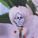 -Funny, high quality enameled metal pin. Measures approximately 3cm. Free shipping from abroad with average delivery to the USA of 2-4 weeks.

Worried boo face ghostly social anxiety confusion halloween goth gothic pinback badge-