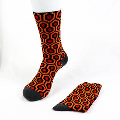 -High quality, mid-calf length socks featuring the classic Overlook Hotel carpet pattern. Soft and comfortable, unisex style socks made of 85% combed cotton, 3% elastane and 12% spandex. One size fits most adults. Free shipping from abroad. Mens womens unisex horror shining socks footwear halloween goth gothic hexagon-