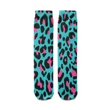 -High quality, mid-calf length socks featuring classic bright and boldly colored retro leopard print. Soft and comfortable, one size fits most teens and adults. Free shipping.

Unisex mens womens 80s 90s eighties 90s new wave frank memphis color animal print lisa vintage style streetwear skating skate punk pop wild rad-Teal-One Size-