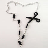 Unique Cut Along The Dotted Line Acrylic Punk Gothic Clavicle Necklace-Clavicle necklace featuring black acrylic scissors and dotted line on adjustable metal link chain. Free Shipping Worldwide.––  Funny dark humor punk goth nugoth fashion accessory. Pretty reasonable times to consider losing your head. This creative statement necklace makes the point with shears and cutout instructions. -
