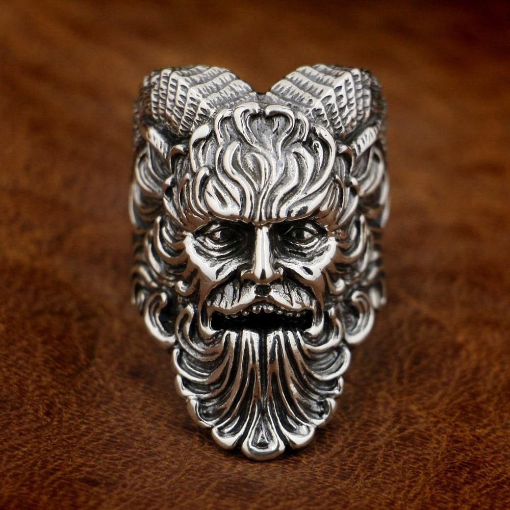 Cernnunos Horned God Ring, Sterling Silver-Large .925 Sterling Silver Horned God Ring. Highly detailed pagan Cernunnos / Horned God / Pan face and horns ring handcrafted in sterling silver, treated with jeweler's antiquing and then polished for the best possible presentation. A fantastic gift for pagans, followers of wicca, green witchcraft, etc. Available in full and half US sizes 7-15. Measures approximately 35mm / 1.38 inches and weighs approximately 0.78-10-