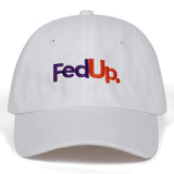 Funny FedUP Embroidered Courier Parody Baseball Cap-Classic FedUp funny FedEx UPS Parody meme cap. High quality embroidered cotton hat with strap adjustment. One size fits most adults. This item typically ships in 2-3 business days from abroad. Please allow an additional week or two for delivery.-White-