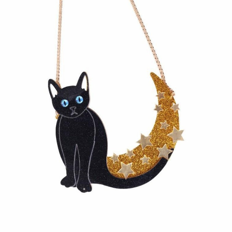 -Stunning, large acrylic necklace featuring a black cat with blue eyes set against a scattered star covered glittering gold crescent moon. Measures approximately 13cm/5.1 inches on a 40cm / 15.75in chain. Free shipping.

Cute kawaii harajuku trendy goth nugoth statement jewelry halloween witch witches spooky magical-