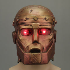 -High quality latex over-the-head Robotman mask with bronze metallic finish and red LED eyes. One size fits most. Free shipping from abroad with an average delivery time to the USA of about 2 weeks. Halloween costume cosplay comic book tv series robot man mask doom metal man light up fast shipping character prop-