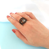Dark Carnival Hollow Sea RIng, Black Gold Woven Neo-Gothic Ring with Blue CZ Stone--