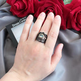 Dark Carnival Hollow Sea RIng, Black Gold Woven Neo-Gothic Ring with Blue CZ Stone--