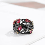 Red Anjou Garden Ring Black Open Branch Pear Shape Zircon and Goldtone--
