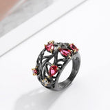 Red Anjou Garden Ring Black Open Branch Pear Shape Zircon and Goldtone--