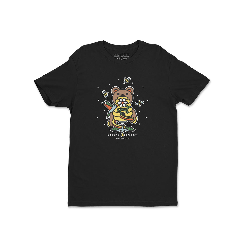 -Vintage black luxuriously soft cotton t-shirt with a classic fit & relaxed feel. Cut, sewn & garment dyed in Los Angeles with limited edition artwork from Pseudodudo featuring a bear interrupting some bees & birds at the local honey jar, a playful design inspired by the important role pollinators play in our ecosystems.-L-Vintage Black-